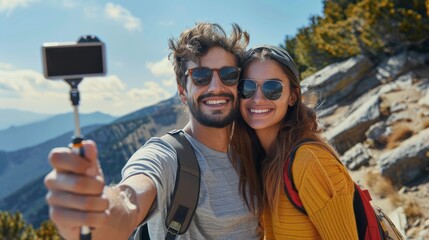 Poster - A man and woman taking a selfie with the sleek, modern design of an all-in-one camera stick in man's hands. They are smiling joyfully against a backdrop of mountains or forests. Generative AI.