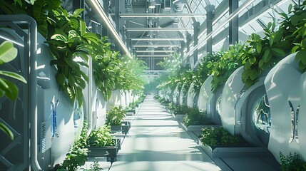 Wall Mural - Futuristic factory with advanced robotics and green technologies, surrounded by lush vegetation, emphasizing sustainable manufacturing. 3D, Printing, Illustrat, AI.