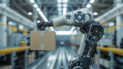 Leinwandbilder - Modern completely black logistic unloading robot arm holding a box, with details wires and gears in white hangar. Generative AI.