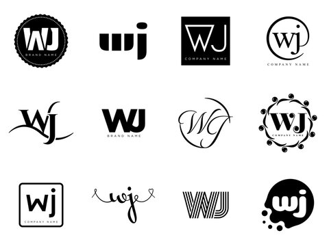 WJ logo company template. Letter w and j logotype. Set different classic serif lettering and modern bold text with design elements. Initial font typography.