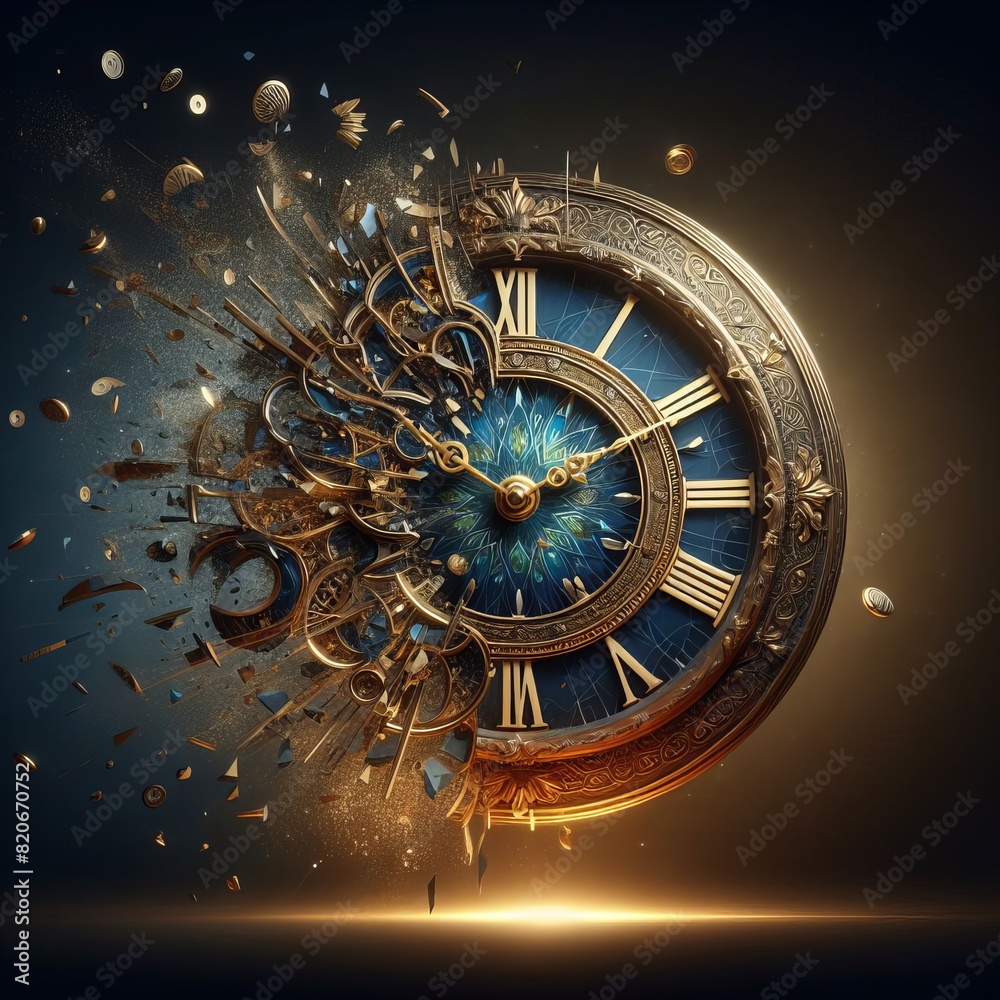 An imaginative depiction of a clock exploding into celestial elements ...