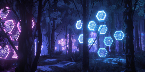 Create a surreal digital forest made up of illuminated hexagonal trees, merging nature-inspired aesthetics with futuristic design elements.
