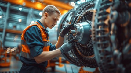 Poster - A mechanic doing engine inspection on the plane. Generative AI.