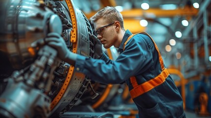 Wall Mural - A mechanic doing engine inspection on the plane. Generative AI.