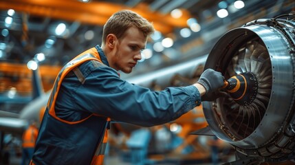 Poster - A mechanic doing engine inspection on the plane. Generative AI.