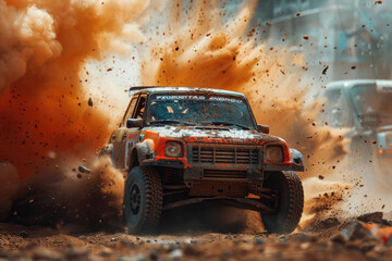 Car rally. The car, taking part in the international rally championship, crosses off-road terrain at high speed, trying to win the race