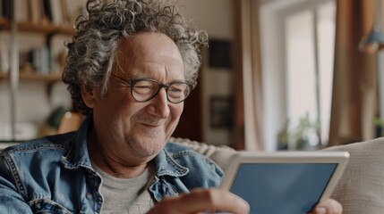 Sticker - Senior Man Enjoying Tablet at Home