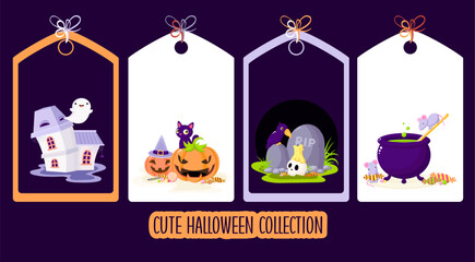 Canvas Print - Calm autumn season. Set of tag in with Halloween characters. Collection of label with Mice and witch cauldron, ghost in haunted house, raven and skull at grave, black cat on pumpkins. Vector EPS8