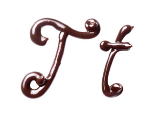 Wall Mural - Large and small Letter T of the Latin alphabet made of melted chocolate, isolated on a white background