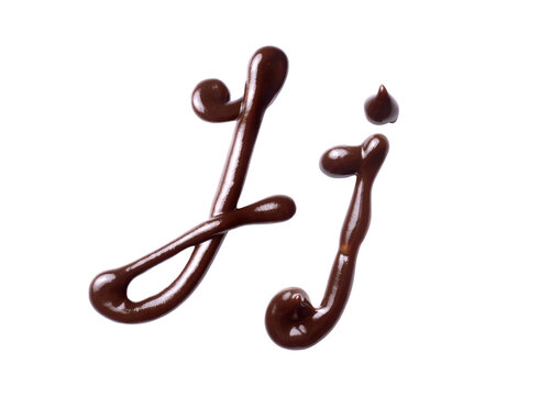 Large and small Letter J of the Latin alphabet made of melted chocolate, isolated on a white background