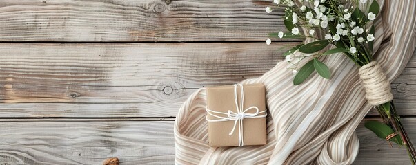 rustic wooden background with a gift box wrapped in kraft paper and a bouquet of white flowers wrapp