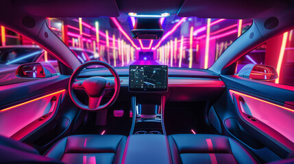 Poster - Vibrant interior of an electric car with a holographic touchscreen and neon lighting, showcasing the futuristic design of a self-driving vehicle. Generative AI.