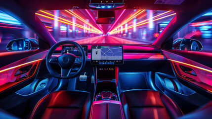 Poster - Vibrant interior of an electric car with a holographic touchscreen and neon lighting, showcasing the futuristic design of a self-driving vehicle. Generative AI.