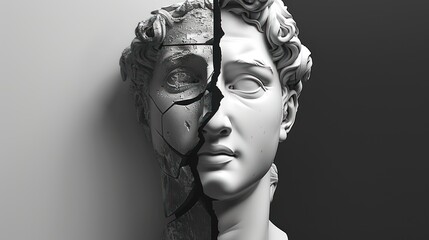 Ancient Greek broken head statue with face half obscured. Isolated background. Contemporary art