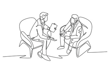 Single one line drawing young happy business men discussing about new project deal with colleague during meeting. Business agreement concept. Modern continuous line design graphic vector illustration