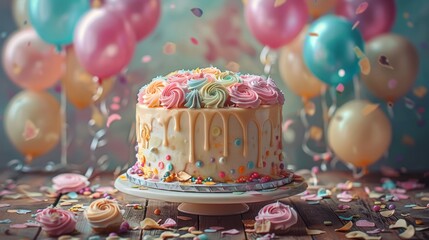 Poster - A beautifully decorated birthday cake Decorated with pastel and an intricate floral pattern. The background has a lively celebration with colorful balloons. Generative AI.