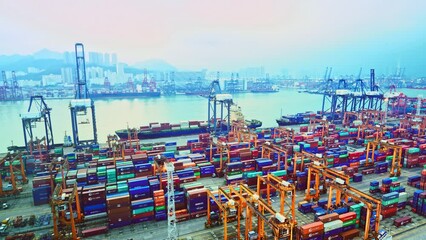 Poster - Time lapse of  cargo freight containers and ship in the port at dawn