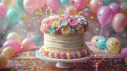 Poster - A beautifully decorated birthday cake Decorated with pastel and an intricate floral pattern. The background has a lively celebration with colorful balloons. Generative AI.