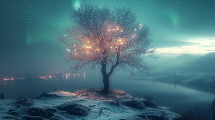 A tree on the hill, Aurora in the background. Generative AI.