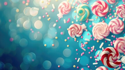 Wall Mural - lollipops and different colored round candy, Colorful sweets, candies with jelly and sugar, colorful array of different childs sweets and treats ,lolly pop advertisment  background with copy space
