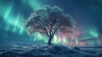 A tree on the hill, Aurora in the background. Generative AI.