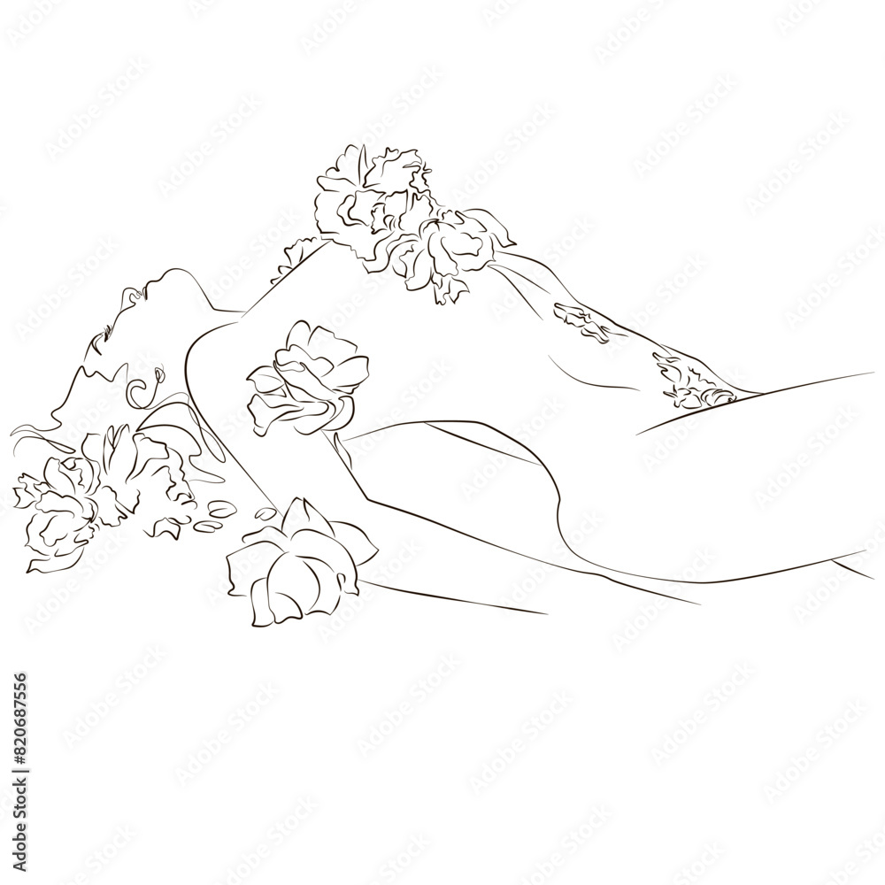 Woman erotic line illustration. Lying nude girl with flowers.Sensual