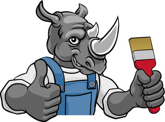 Poster - A rhino painter decorator cartoon animal mascot holding a paintbrush peeking around a sign and giving a thumbs up