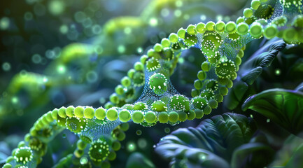 Leinwandbilder - A vibrant 3D rendering of chloroplast DNA, shown within the chloroplasts of a plant cell. The background features a detailed representation of plant cell structures. Generative AI.