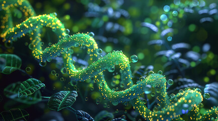 Leinwandbilder - A vibrant 3D rendering of chloroplast DNA, shown within the chloroplasts of a plant cell. The background features a detailed representation of plant cell structures. Generative AI.