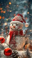 Poster - Smiling Snowman in a Red Hat and Scarf with Christmas Decorations