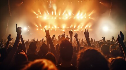 Poster - A concert scene captured from behind the audience with enthusiastic fans raising their hands in the air. The stage is brightly lit, dramatic effect with intense spotlights and smoke. Generative AI.