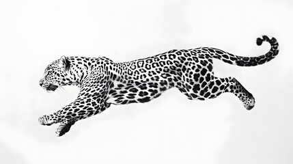 Wall Mural - Jumping leopard black and white ink illustration isolated on white background