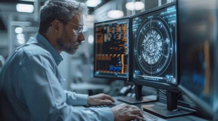 Aufkleber - A man displaying a machine that works on a computer screen, in the style of sci-fi environments, light gray, real engine, precision engineering. Generative AI.