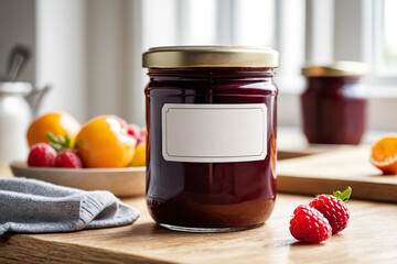 Wall Mural - Jar of jam and fresh berries on a wooden table. Place for text. Glass jam jar with blank label to add reflected text. Jam jar mockup, jar tag for text and logo.