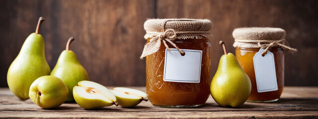 Sticker - A jar of pear jam and fresh fruits on a wooden table. Place for text. Glass jar of pear jam with blank label for adding reflected text. Jam jar mockup, jar tag for text and logo.