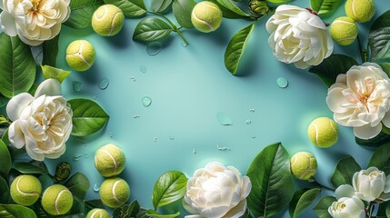 Poster - Bright, Copy space, space for text light pastel Ocean background with a frame of Gardenia, tennis balls. top view. Generative AI.