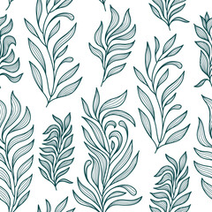 Wall Mural - Vector seamless leaf pattern, foliage, plant line leaves, green on white. Hand drawn branches, nature print, fabric, summer decor