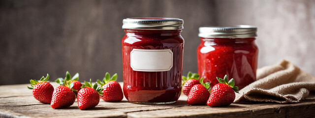 Wall Mural - Jar of strawberry jam with strawberries on the wooden table. Sweet and summery strawberry jam preserved in a jar. Jam jar mockup, jar tag for text and logo.