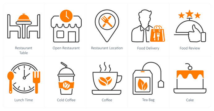 A set of 10 restaurant icons as restaurant, open restaurant, restaurant location