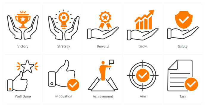 A set of 10 success icons as victory, strategy, reward
