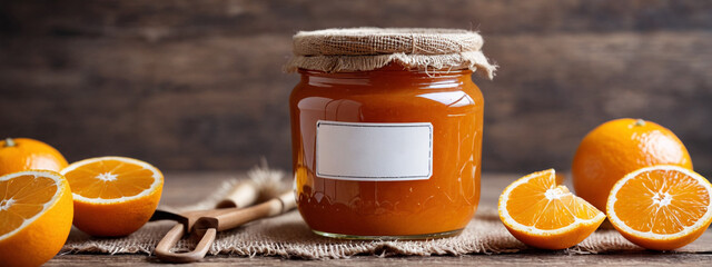 Sticker - Sweet dessert made of fresh fruits, a jar of orange jam, Homemade orange jam, citrus fruit marmalade, homemade autumn preparations.