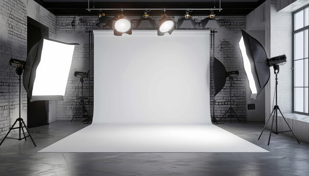 A white room with two lighting fixtures on tripods by AI generated image