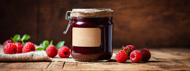 Sticker - Wooden background with raspberry jam and berry. Mockup of a jar of raspberry jam with a tag. Homemade jam with raspberry on the wooden table, selective focus.