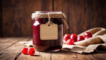 Sticker - Wooden background with raspberry jam and berry. Mockup of a jar of raspberry jam with a tag. Homemade jam with raspberry on the wooden table, selective focus.