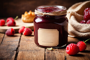 Sticker - Wooden background with raspberry jam and berry. Mockup of a jar of raspberry jam with a tag. Homemade jam with raspberry on the wooden table, selective focus.