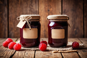 Sticker - Wooden background with raspberry jam and berry. Mockup of a jar of raspberry jam with a tag. Homemade jam with raspberry on the wooden table, selective focus.