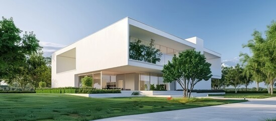 A large white house with a large lawn and a walkway