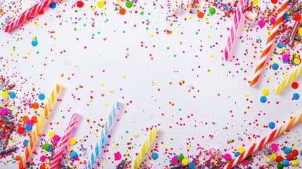 Wall Mural - Colorful birthday cake candles with candy sprinkles, Top down view frame on a white background, Copy space, rainbow colorful candies ,Top view, Flat lay, Confetti for holidays, birthday party concept
