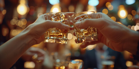 Closeup of hands toasting with shot glasses at a wedding party, a group celebrating in a bar or club. Generative AI.