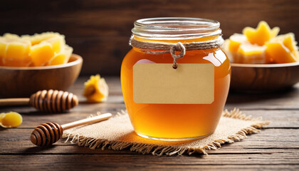 Sticker - Honey in a glass jar with wooden honey dipper on wooden table. Honey jar mockup, tag on the jar. Sweet honey - healthy eating, alternative medicine.